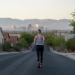 A jogger pauses on a quiet Henderson street in morning light, with the Las Vegas skyline in the distance.