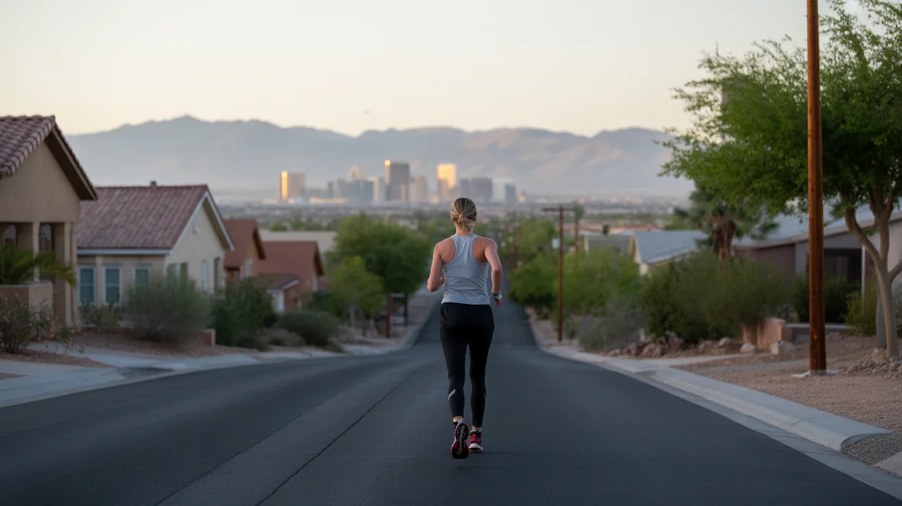 A jogger pauses on a quiet Henderson street in morning light, with the Las Vegas skyline in the distance.