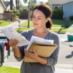 Woman checking mail and bills outside suburban home in Fontana, California