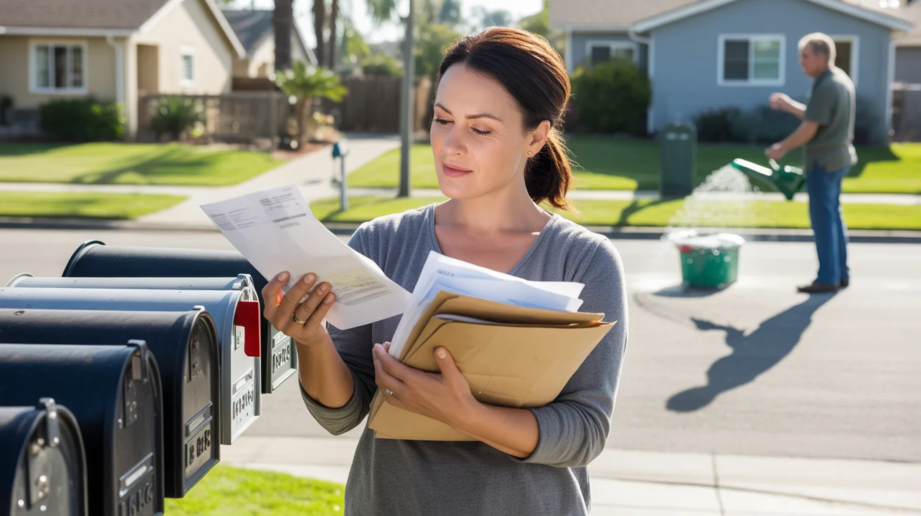 Woman checking mail and bills outside suburban home in Fontana, California