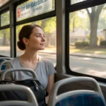 A woman riding alone on a CobbLinc bus in Marietta, GA on a peaceful weekday morning commute"