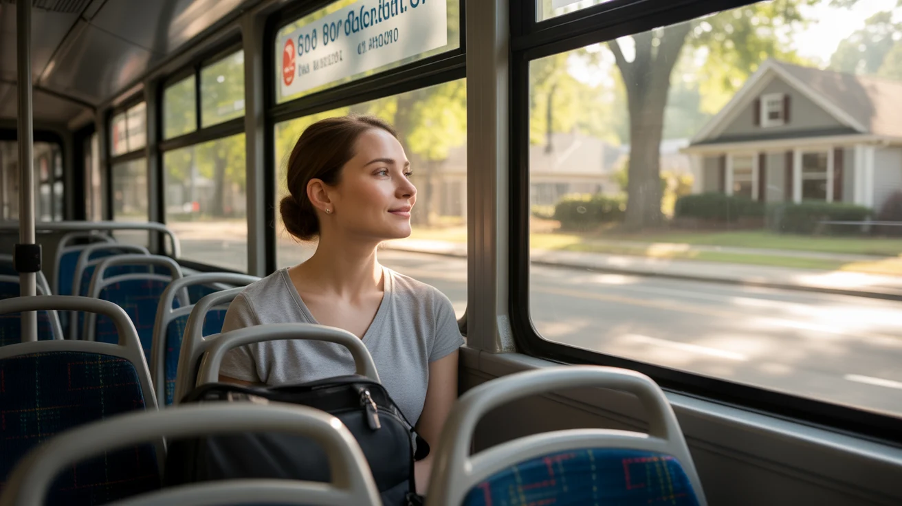 A woman riding alone on a CobbLinc bus in Marietta, GA on a peaceful weekday morning commute"