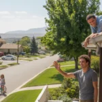 A father waves from his West Jordan house's front porch as a young woman chats with a neighbor on her apartment balcony across the street.