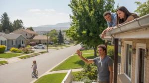 A father waves from his West Jordan house's front porch as a young woman chats with a neighbor on her apartment balcony across the street.