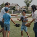 A family plays catch together in a neighborhood park in Chino Hills, CA on a sunny afternoon.