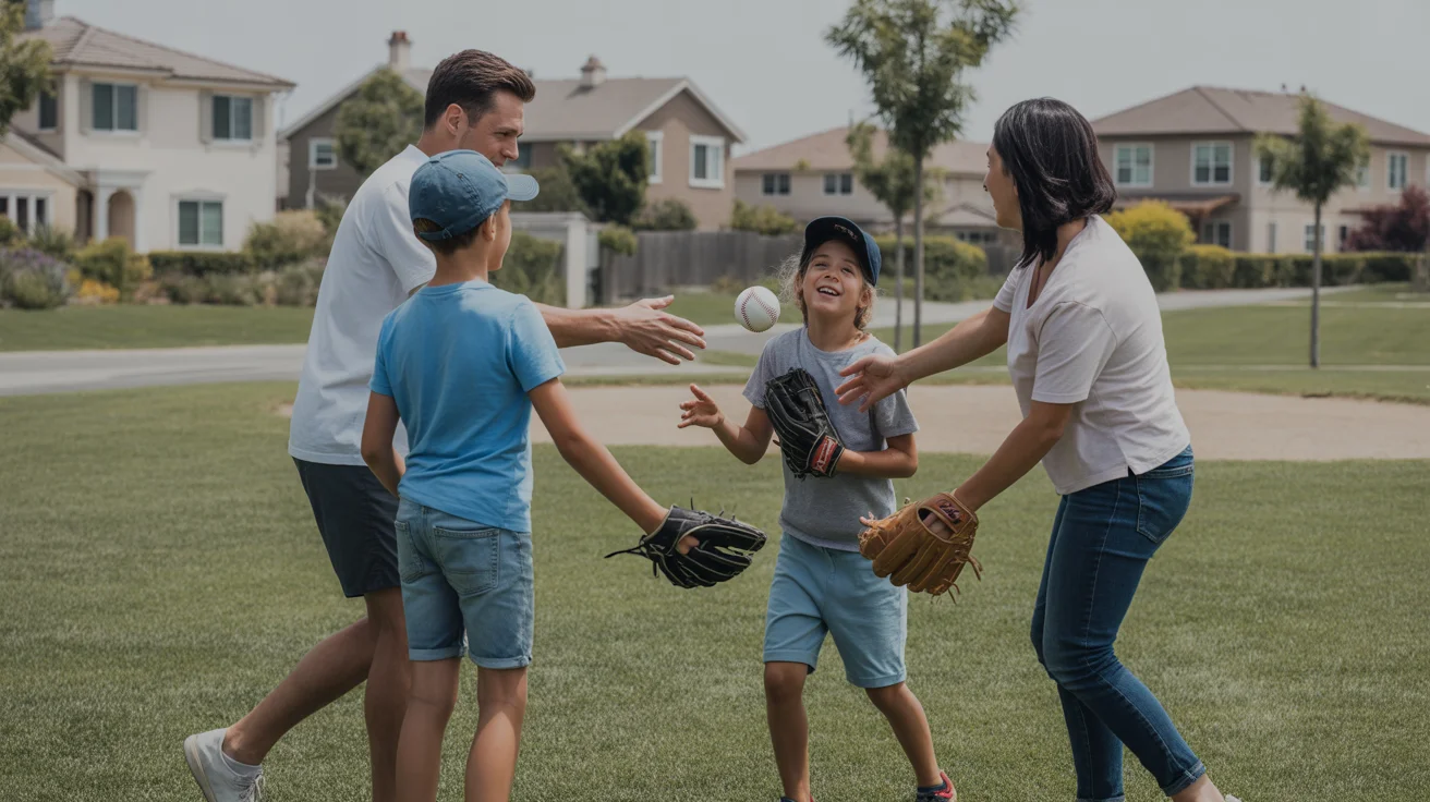 A family plays catch together in a neighborhood park in Chino Hills, CA on a sunny afternoon.