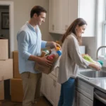A couple unpacks affordable groceries in their new Thornton, CO kitchen