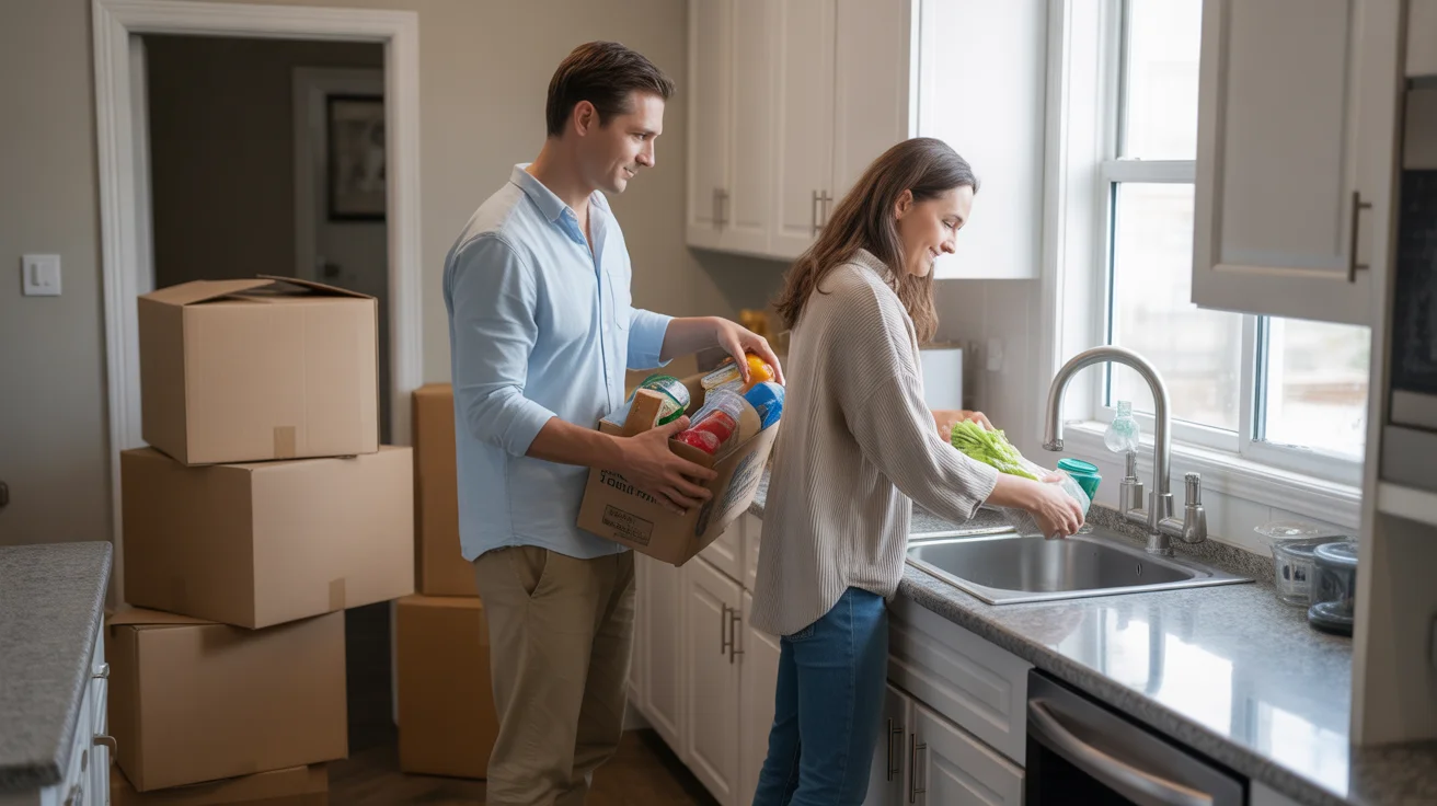 A couple unpacks affordable groceries in their new Thornton, CO kitchen