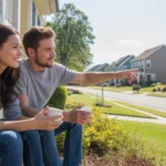Couple sitting on apartment steps looking at houses across the street in Alpharetta, GA