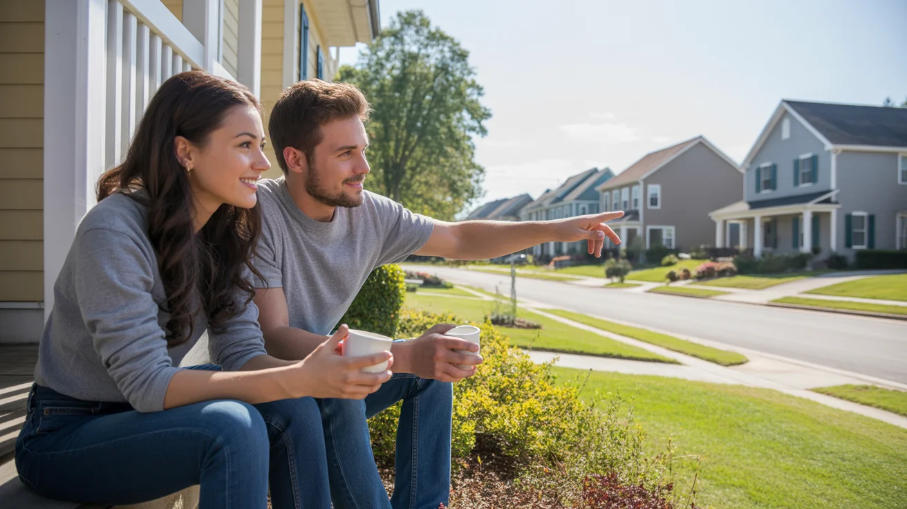 Couple sitting on apartment steps looking at houses across the street in Alpharetta, GA