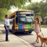 Friendly bus driver waves to woman walking dog at sunny neighborhood bus stop in Winter Garden, FL