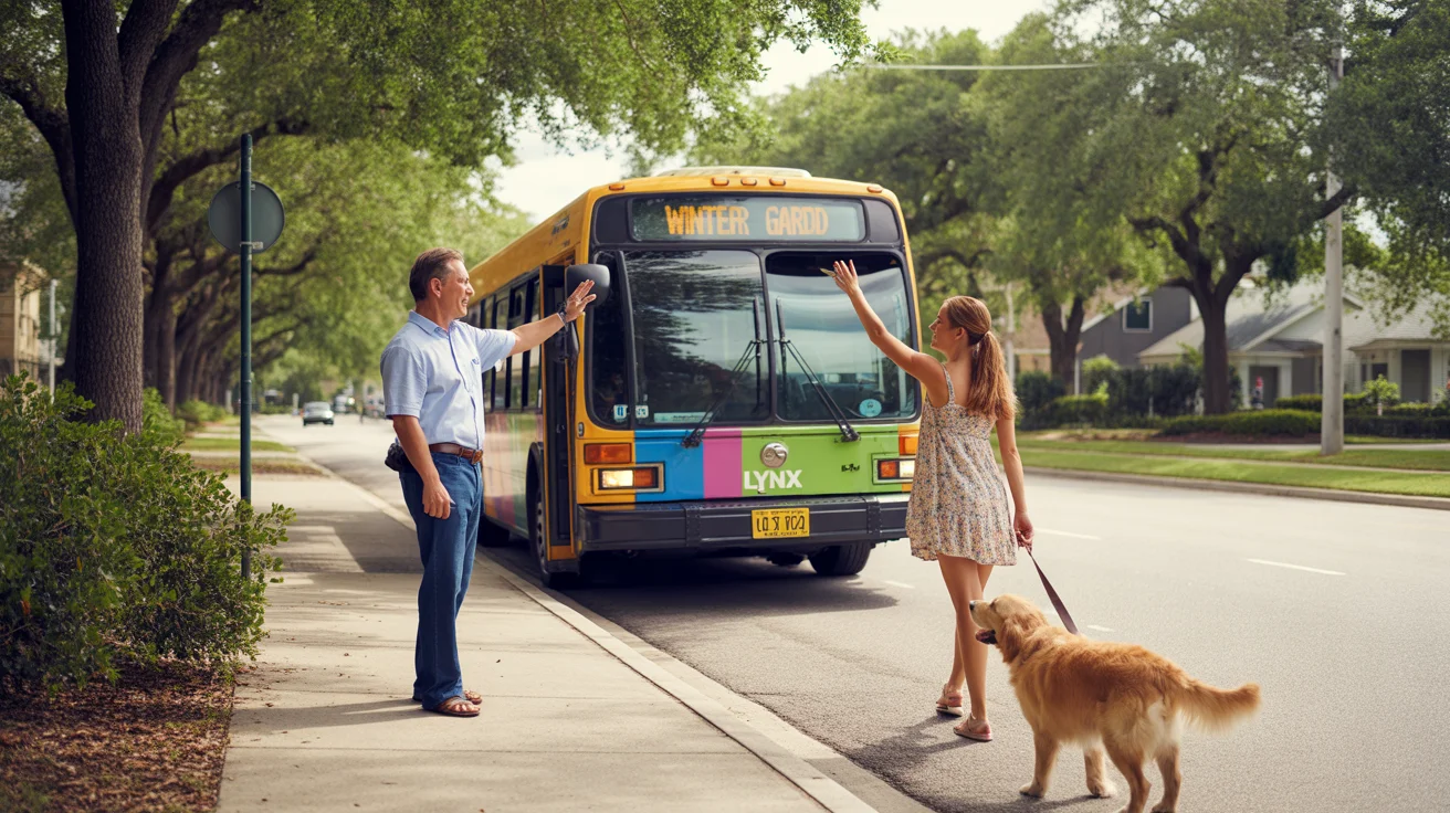 Friendly bus driver waves to woman walking dog at sunny neighborhood bus stop in Winter Garden, FL