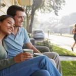 Couple drinking coffee on back patio of Lakeland home at sunrise