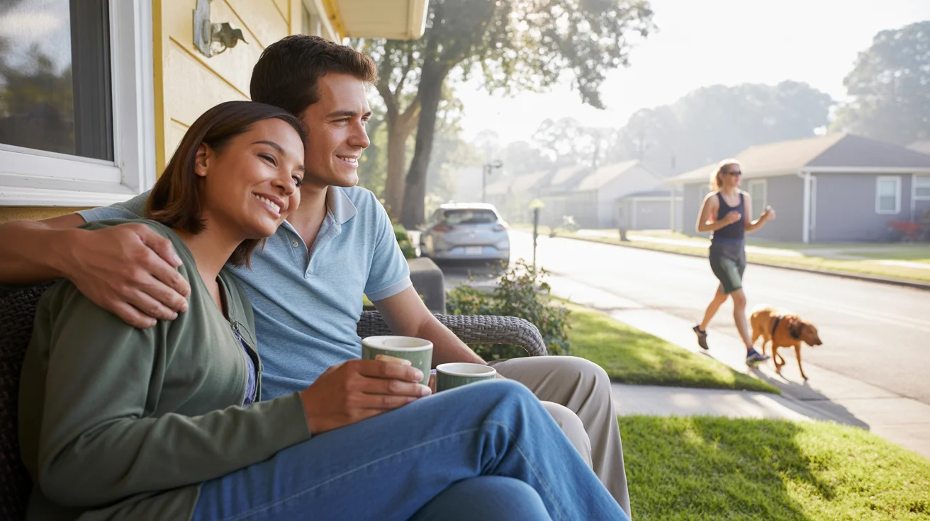 Couple drinking coffee on back patio of Lakeland home at sunrise