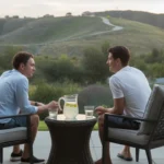 Couple relaxing on patio with view of Chino Hills at sunset