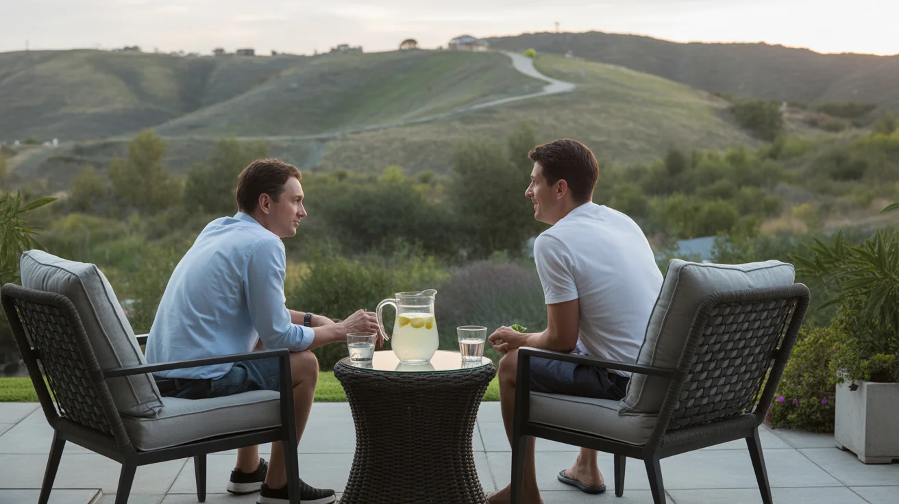 Couple relaxing on patio with view of Chino Hills at sunset