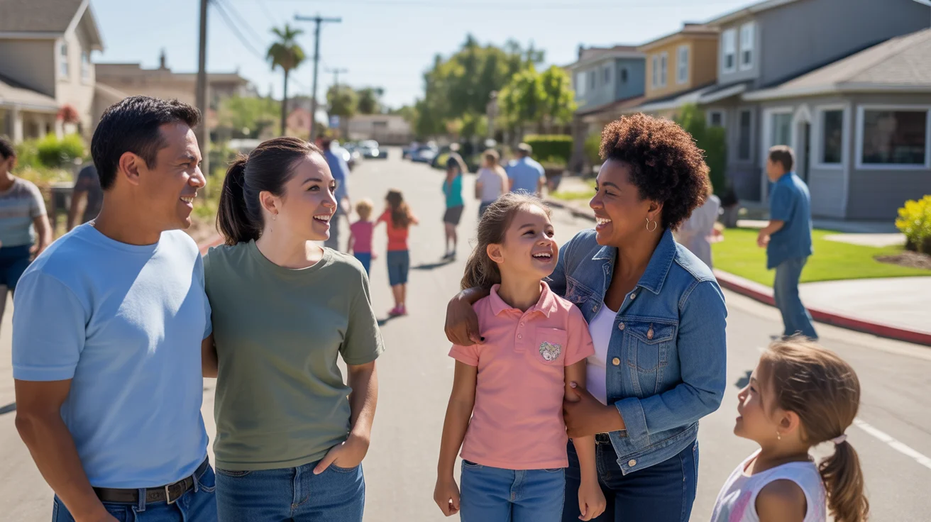Neighbors socializing at block party in Fontana neighborhood
