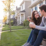 Couple drinking coffee on townhome steps in Taylorsville Utah suburb