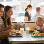Family of four eating lunch together in retro diner booth, Aurora CO