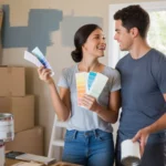 Couple choosing paint colors in new West Valley City home kitchen