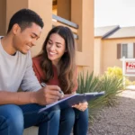 Couple reviewing paperwork outside Murrieta apartment building with house for sale nearby
