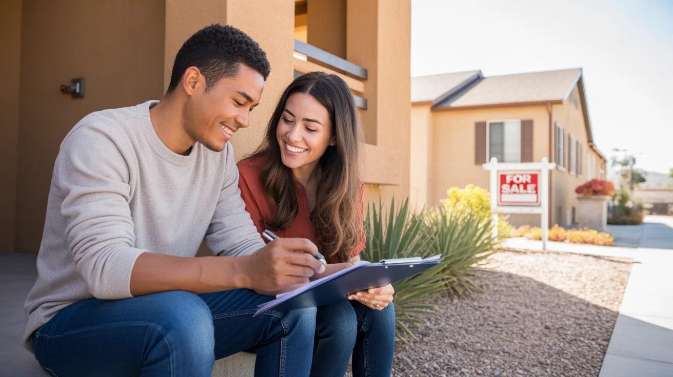 Couple reviewing paperwork outside Murrieta apartment building with house for sale nearby