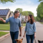 Two neighbors chat about solar panels while walking dogs in a Bolingbrook neighborhood