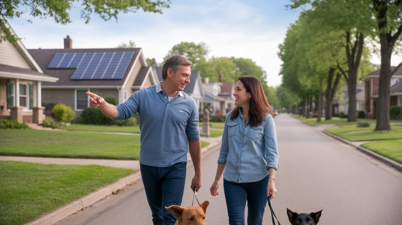 Two neighbors chat about solar panels while walking dogs in a Bolingbrook neighborhood
