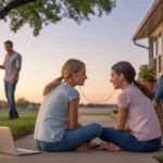 Two teenage girls sharing earbuds on the front steps of a suburban home at sunset
