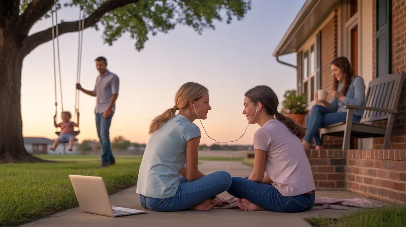 Two teenage girls sharing earbuds on the front steps of a suburban home at sunset