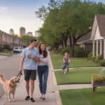 Couple walking dog past townhouses and single family home in Grand Prairie, Texas at sunset