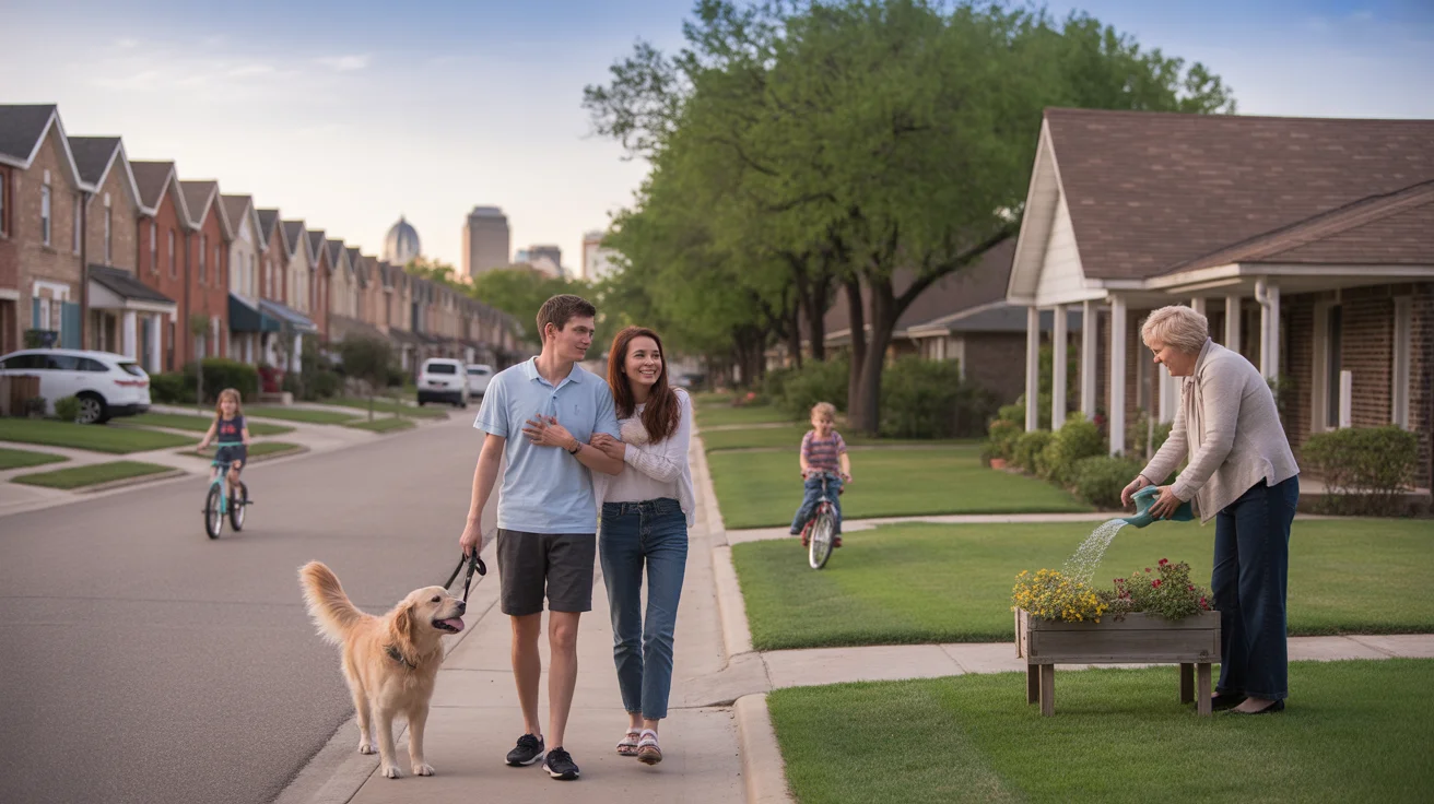 Couple walking dog past townhouses and single family home in Grand Prairie, Texas at sunset