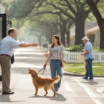Friendly bus driver waving to young woman walking her dog on a residential street in Pearland, Texas