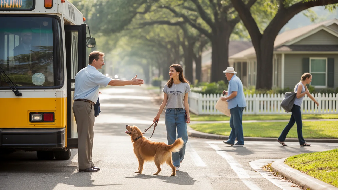 Friendly bus driver waving to young woman walking her dog on a residential street in Pearland, Texas