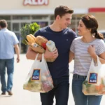 Couple walking out of Aldi grocery store in Pearland, Texas carrying shopping bags