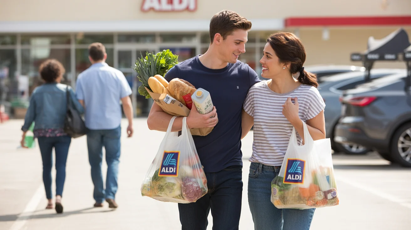 Couple walking out of Aldi grocery store in Pearland, Texas carrying shopping bags