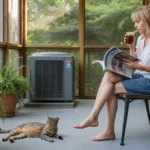 Woman fanning herself on screened porch while cat sleeps near air conditioner on hot summer day in Chapel Hill
