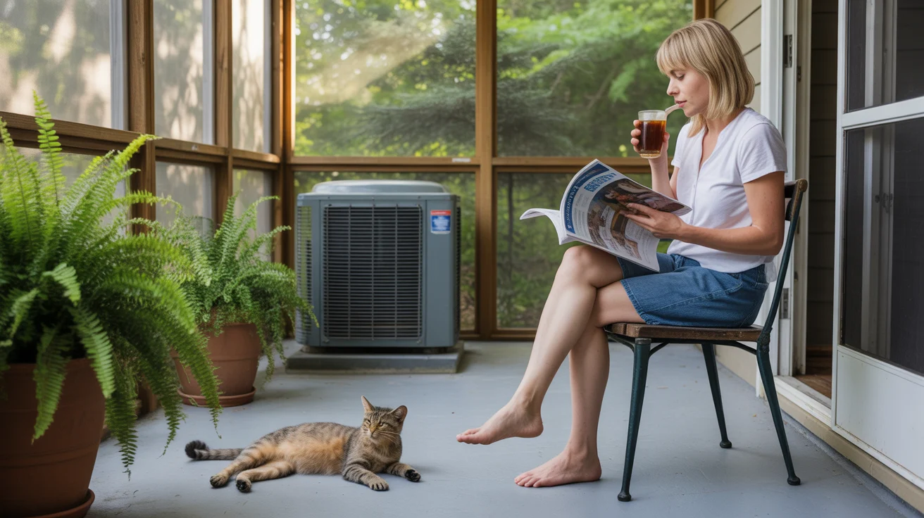 Woman fanning herself on screened porch while cat sleeps near air conditioner on hot summer day in Chapel Hill