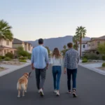 A family walking their dog in a peaceful Ontario neighborhood at sunset.