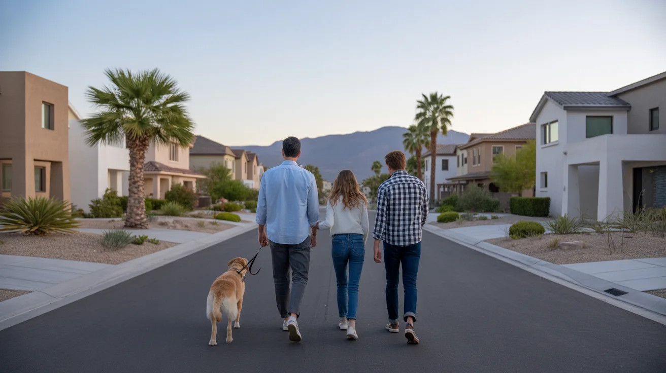 A family walking their dog in a peaceful Ontario neighborhood at sunset.