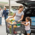 Woman loading groceries into SUV trunk in Publix parking lot in Smyrna, GA