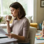 Woman drinking coffee and reviewing paperwork at kitchen table in Alpharetta home while daughter plays in background