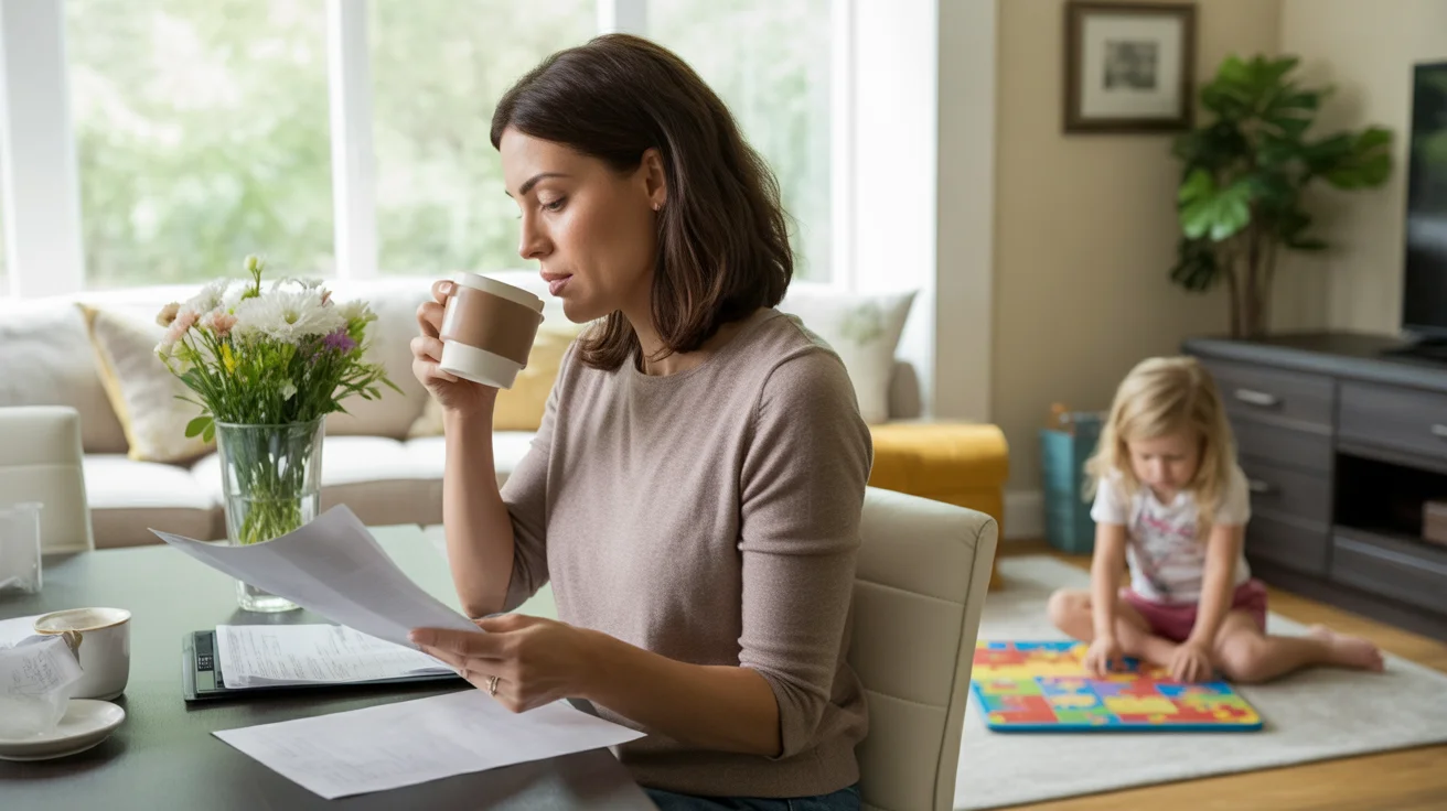 Woman drinking coffee and reviewing paperwork at kitchen table in Alpharetta home while daughter plays in background