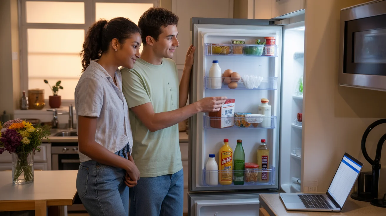 Roommates check fridge inventory in Grand Prairie apartment kitchen before grocery shopping
