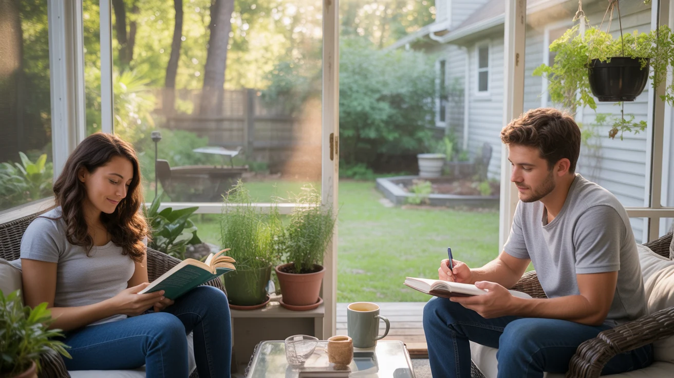 Couple enjoying a quiet morning on their back porch in Smyrna, GA