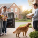 A couple unloads groceries in the driveway of their Lexington home at sunset, while their dog watches from the window.
