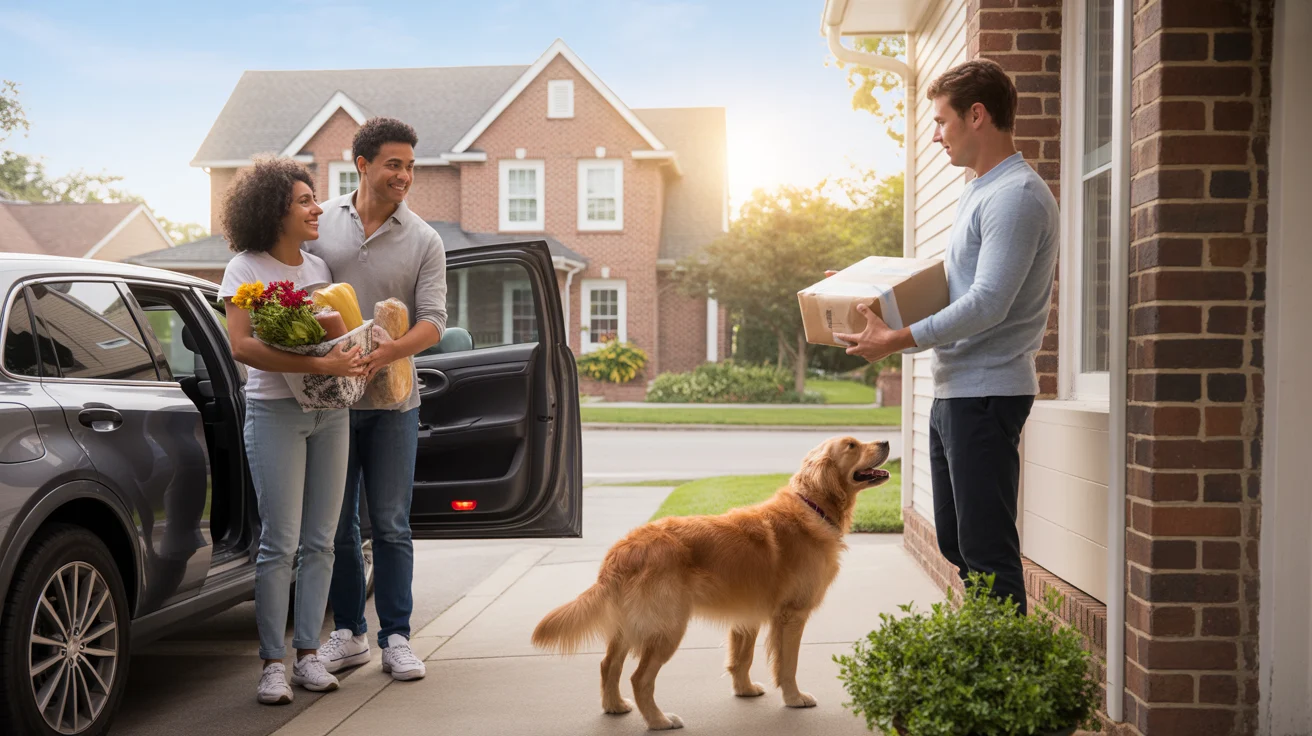 A couple unloads groceries in the driveway of their Lexington home at sunset, while their dog watches from the window.