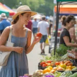 Woman shopping for fresh produce at local farmer's market in The Woodlands, TX