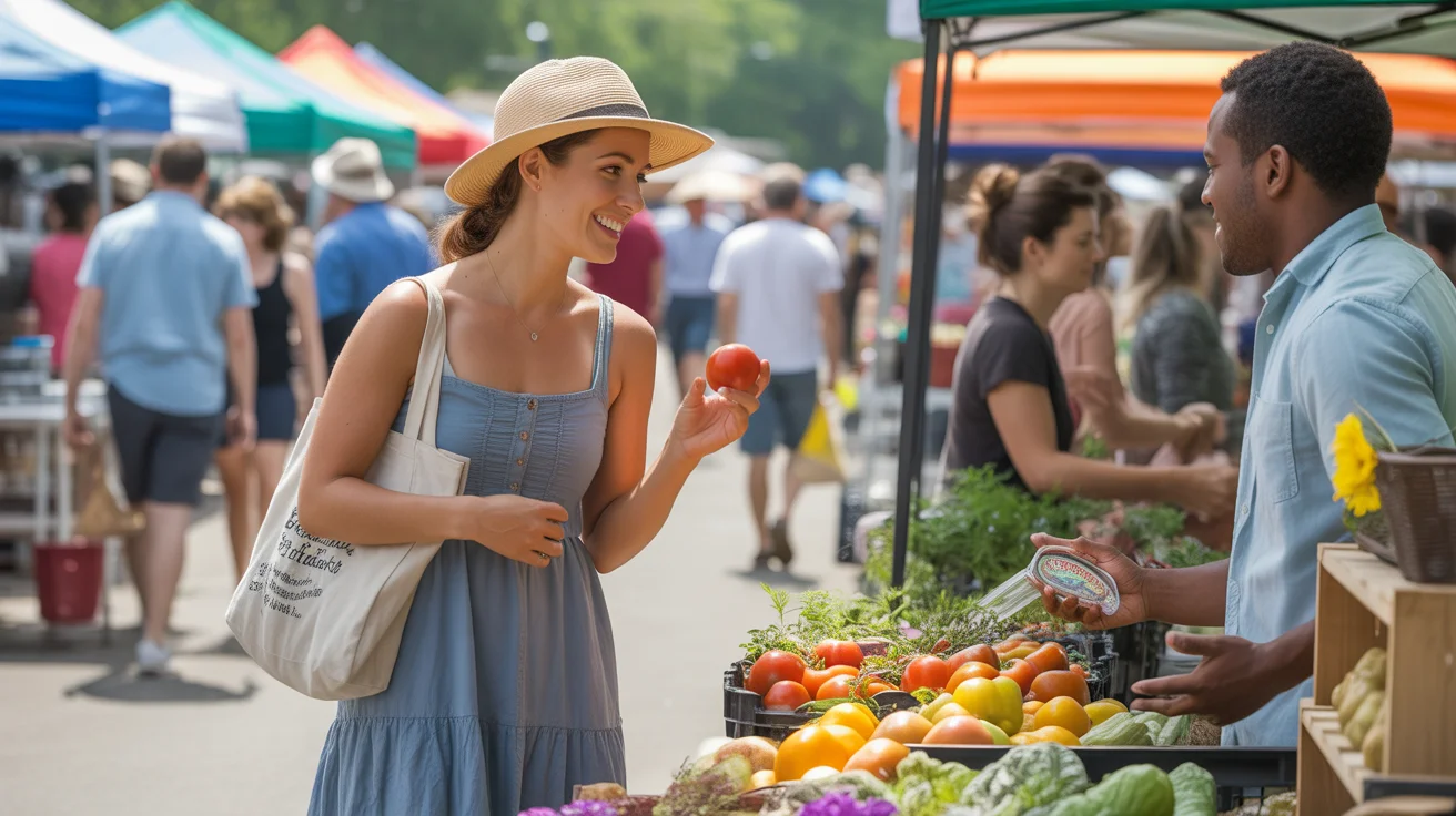 Woman shopping for fresh produce at local farmer's market in The Woodlands, TX