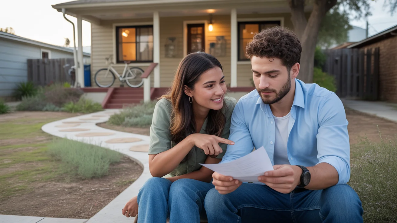 Couple reviewing paperwork on front steps of San Marcos home